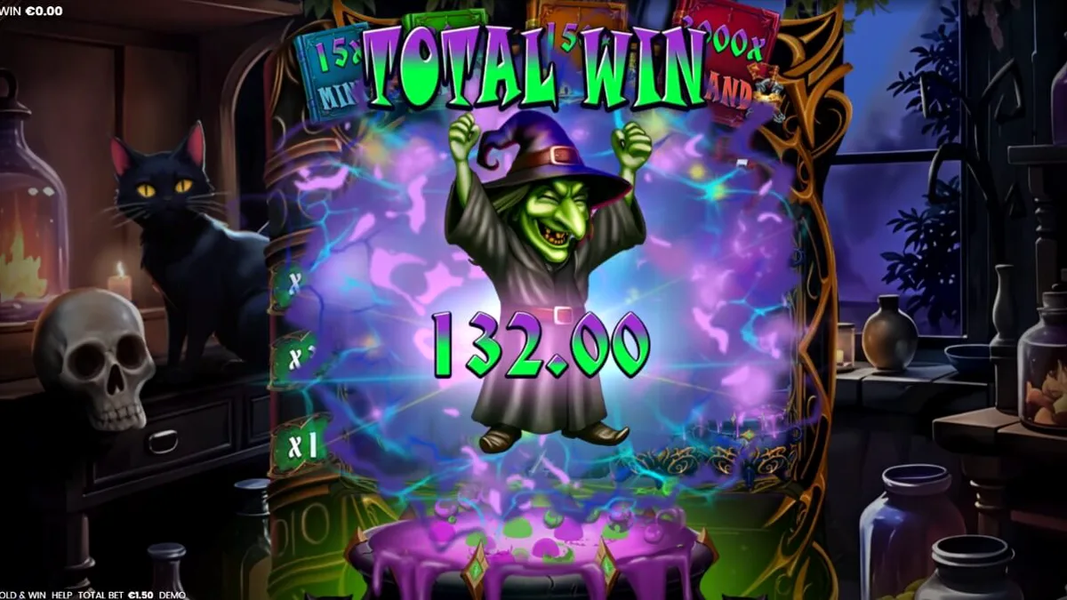 Tampilan visual slot Witches’ Fortune: Hold & Win dengan tema kuali ajaib dan simbol penyihir.