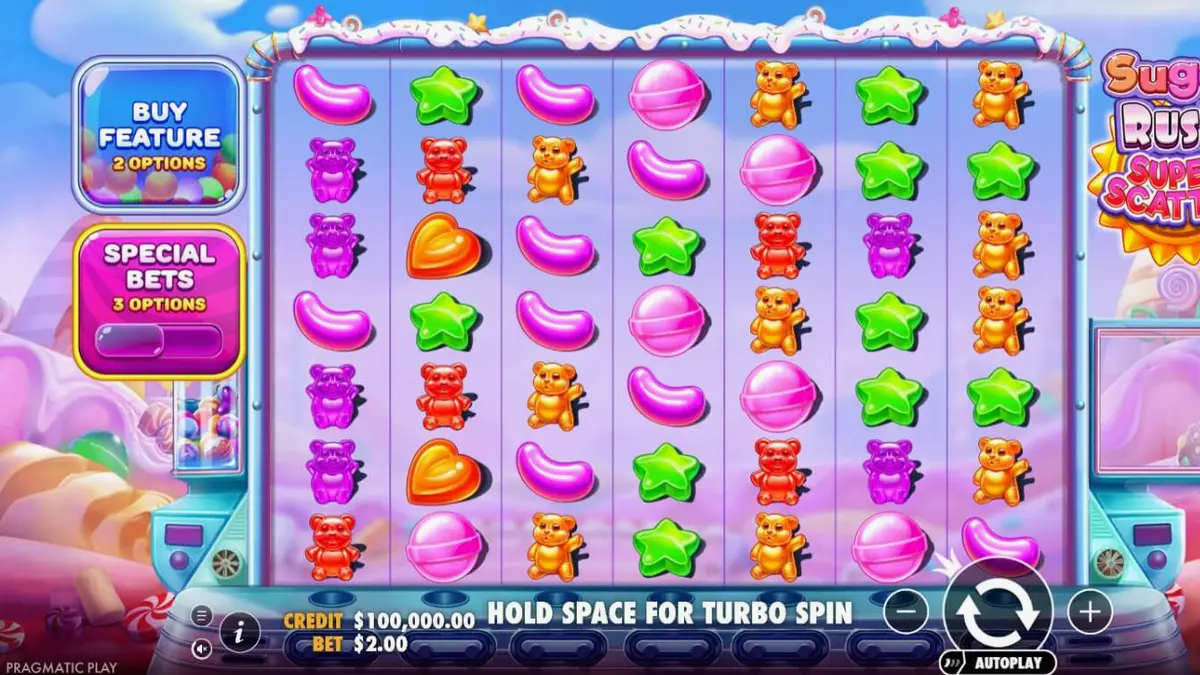 Sugar Rush Super Scatter slot machine screen featuring candy symbols